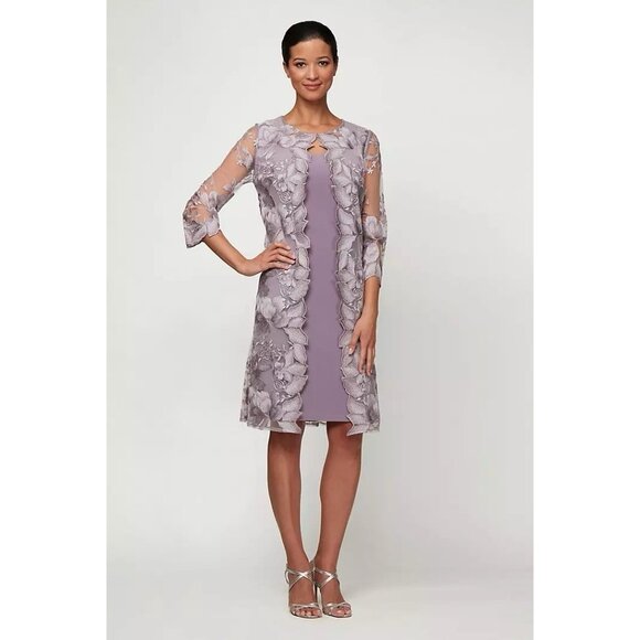 Alex Evenings Dresses & Skirts - New ALEX EVENINGS Size 12 Purple 3/4 Sleeve Shift Dress Midi Lace Jacket Overlay